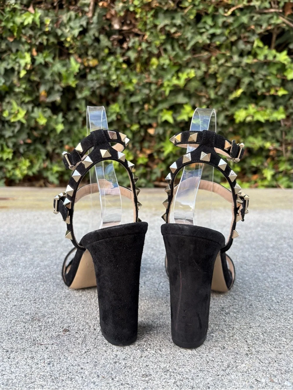 Valentino Rockstud black suede double ankle strap block heel sandal 36.5